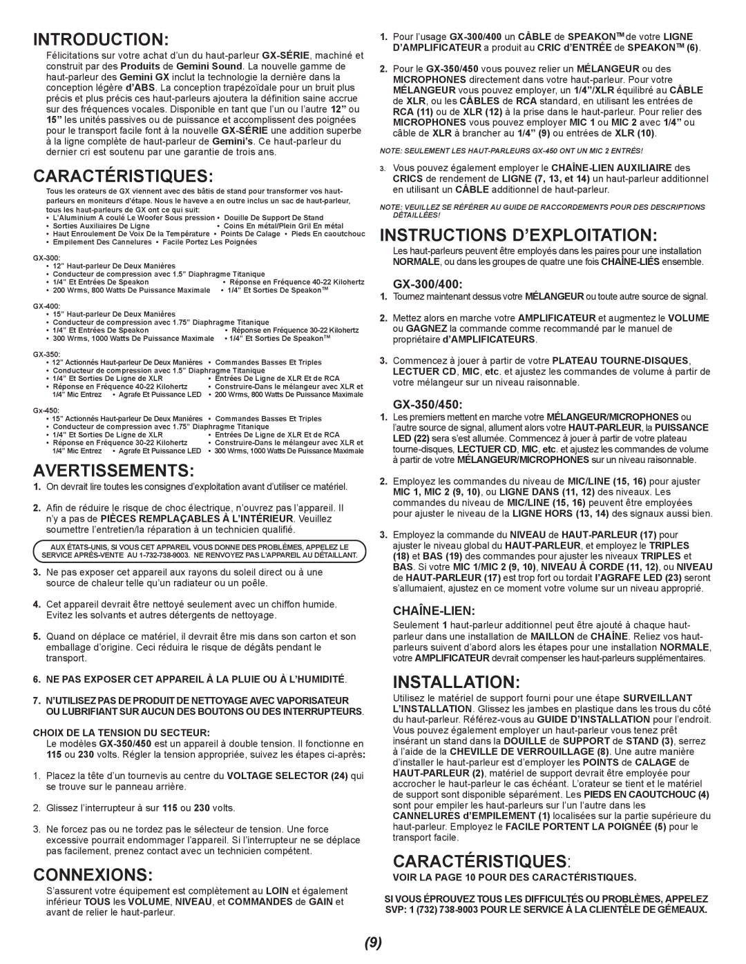 Gemini GX-300 specifications Avertissements, Connexions, Instructions D’EXPLOITATION, Installation 