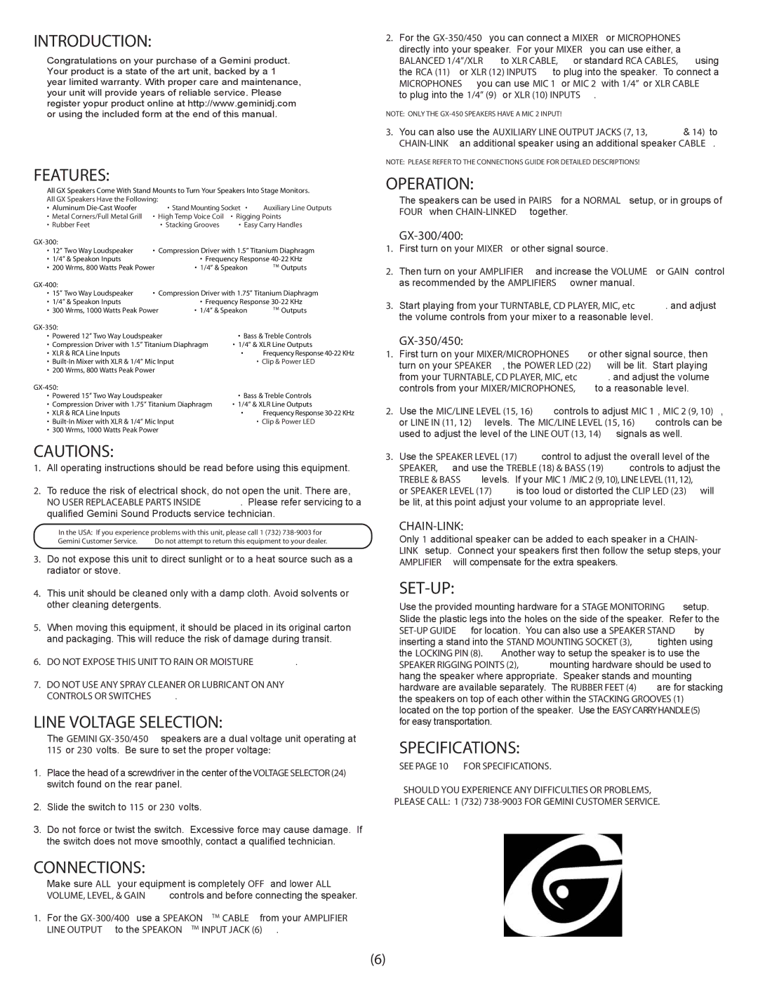 Gemini GX-400, GX-350, GX-450 Introduction Features, Line Voltage Selection, Connections, Set-Up, Specifications 