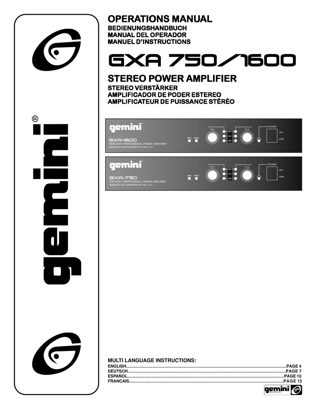 Gemini GXA 750, GXA-1600 manual Bedienungshandbuch Manual DEL Operador Manuel D’INSTRUCTIONS, Multi Language Instructions 