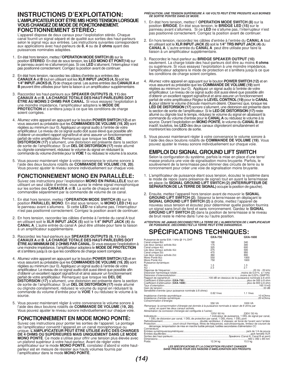 Gemini GXA-1600, GXA 750 manual Instructions D’EXPLOITATION, Spécifications Techniques 