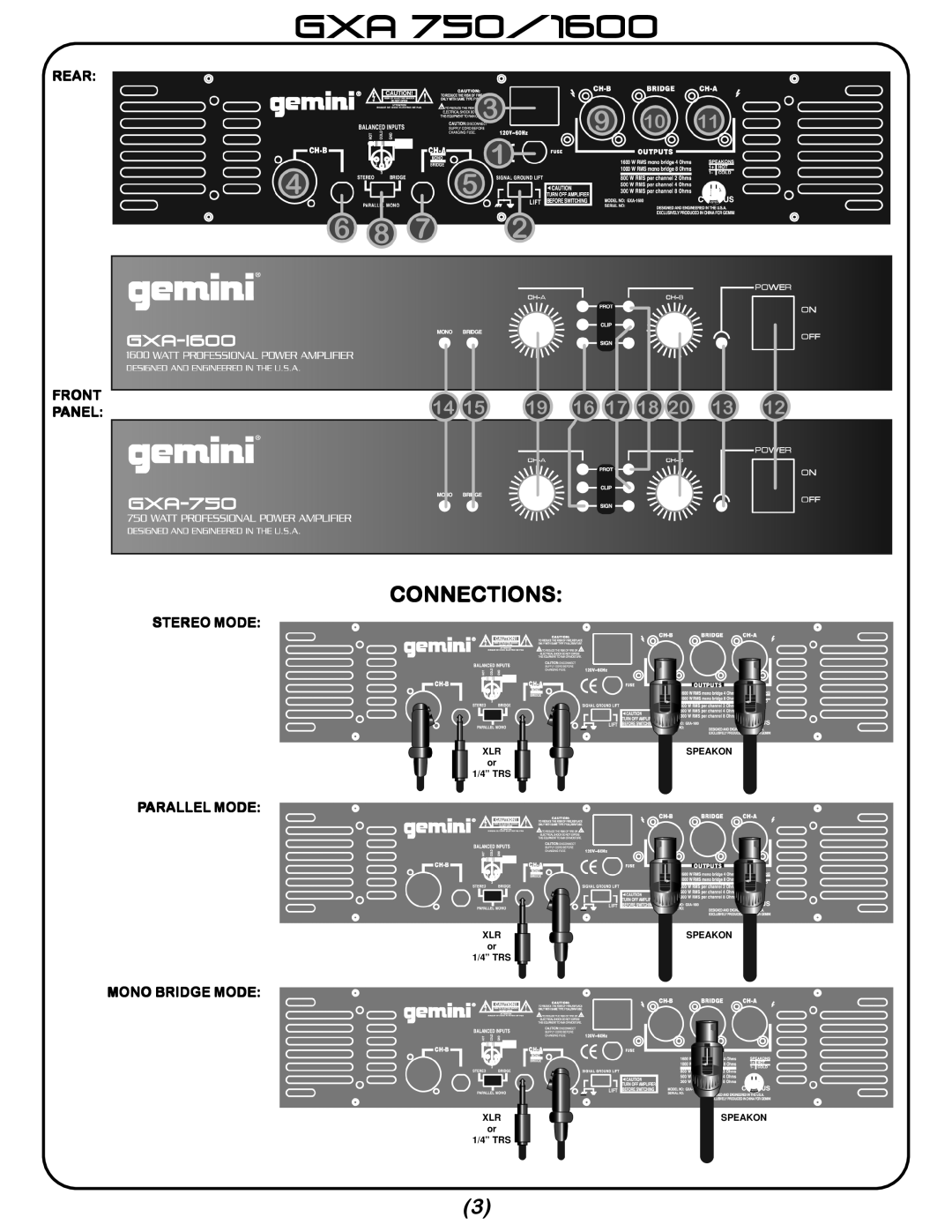 Gemini GXA 750, GXA-1600 manual Connections, Rear Front Panel, Stereo Mode, Parallel Mode, Mono Bridge Mode 