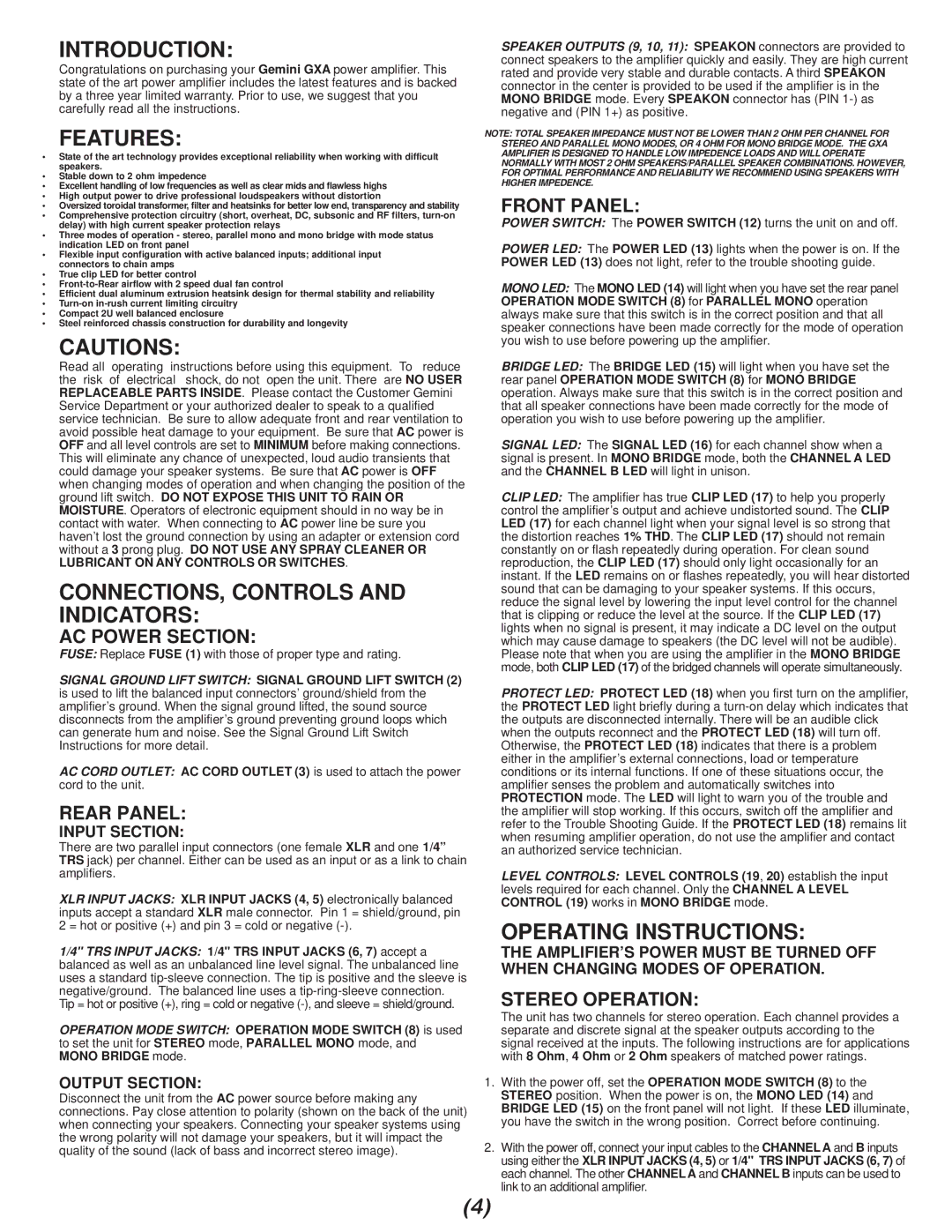 Gemini GXA-1600, GXA 750 manual Introduction, Features, CONNECTIONS, Controls and Indicators, Operating Instructions 