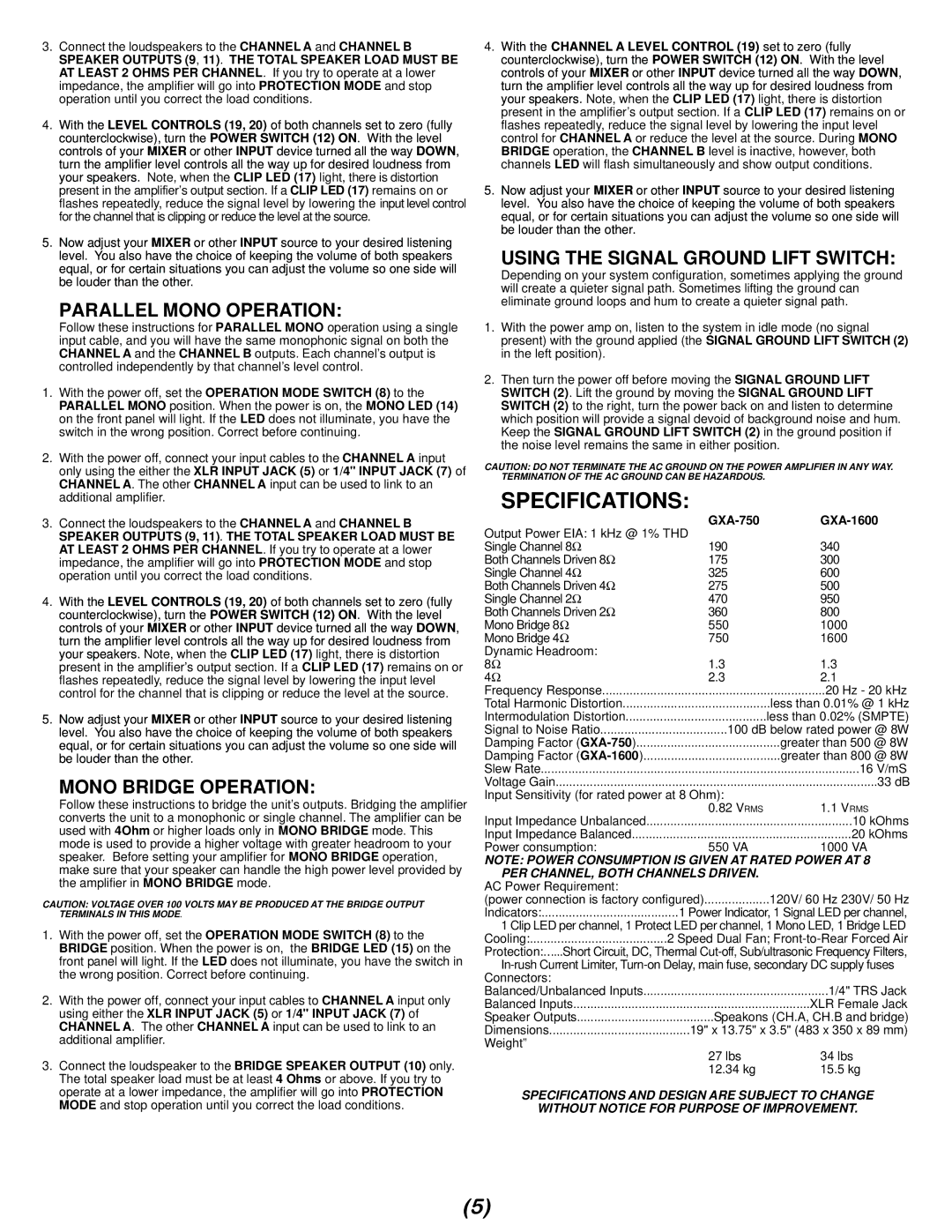 Gemini GXA 750 manual Specifications, Parallel Mono Operation, Mono Bridge Operation, Using the Signal Ground Lift Switch 