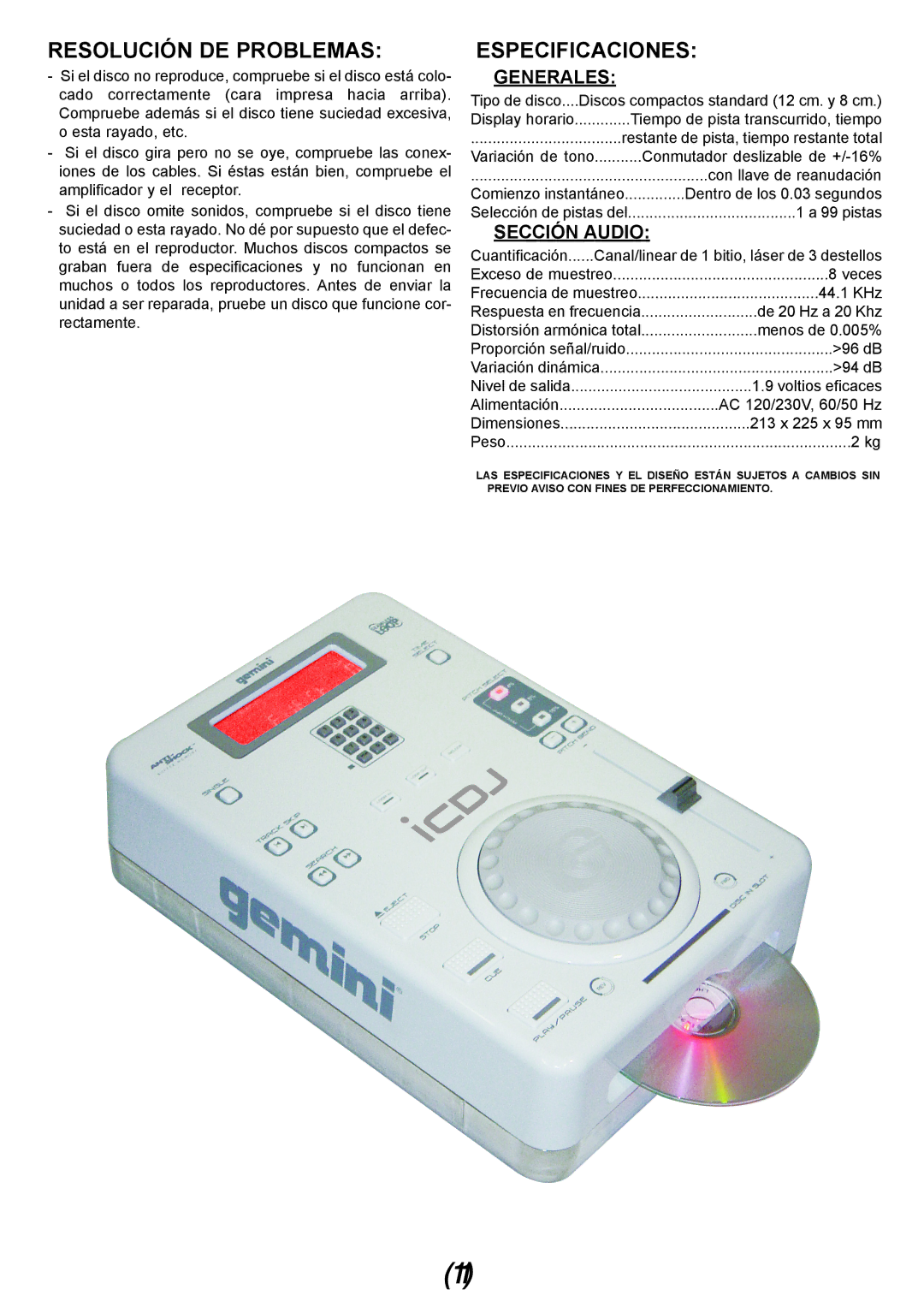 Gemini iCDJ manual Resolución DE Problemas, Especificaciones 