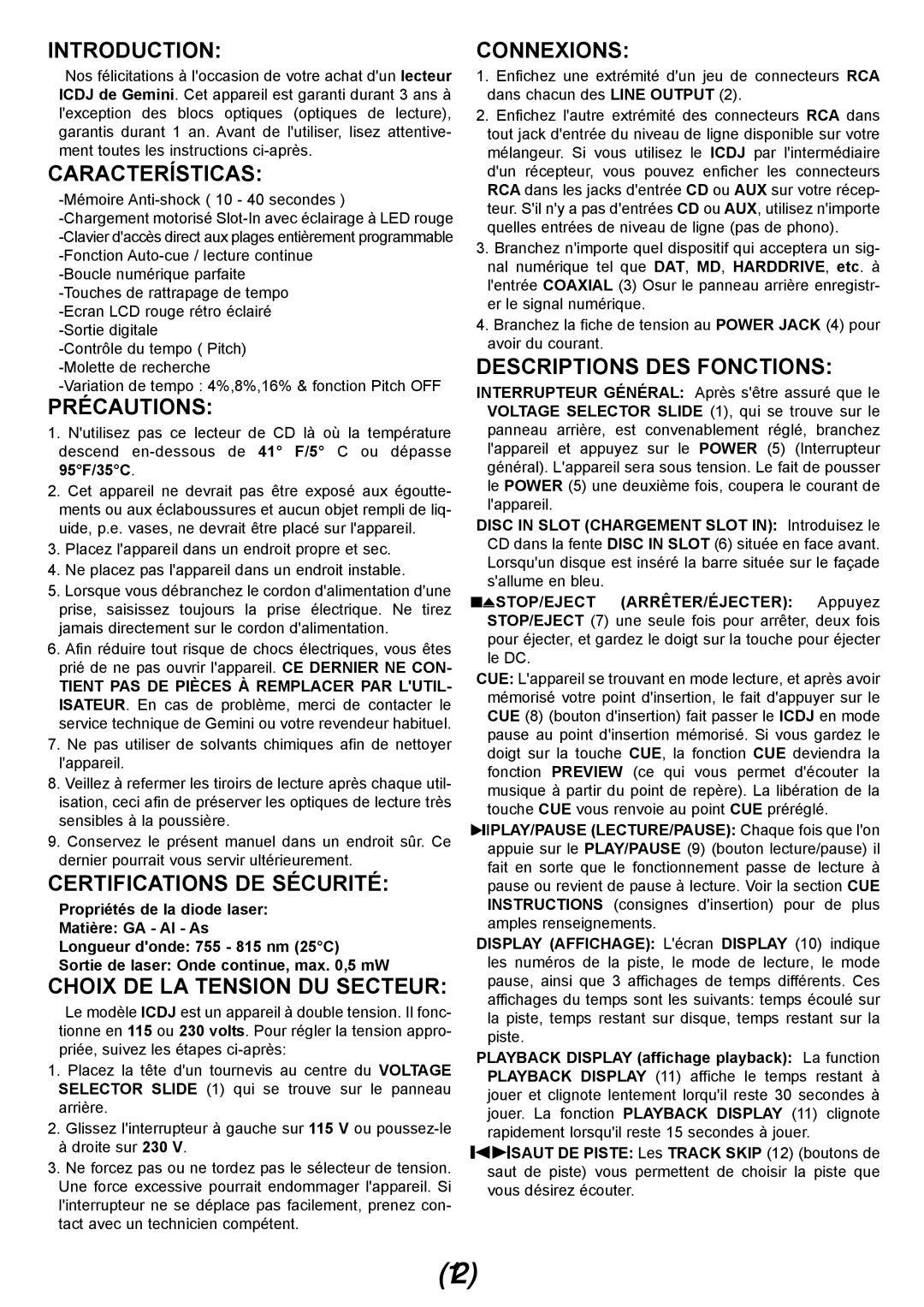 Gemini iCDJ manual Précautions, Certifications DE Sécurité, Choix DE LA Tension DU Secteur, Connexions 