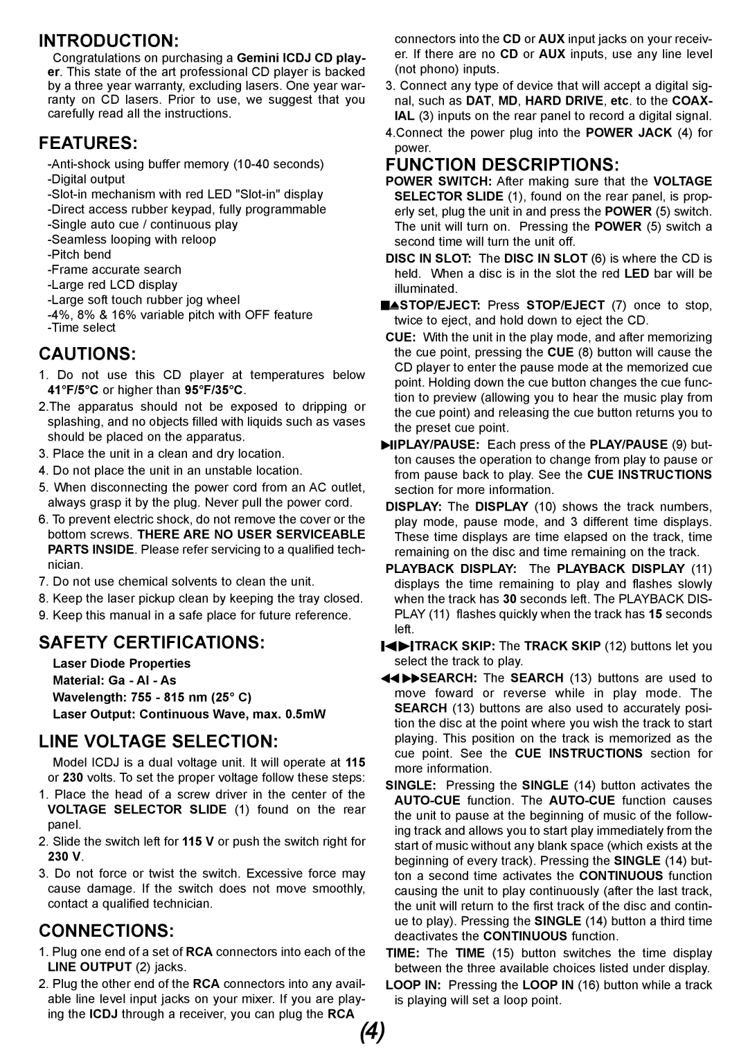 Gemini iCDJ Introduction, Features, Safety Certifications, Line Voltage Selection, Connections, Function Descriptions 