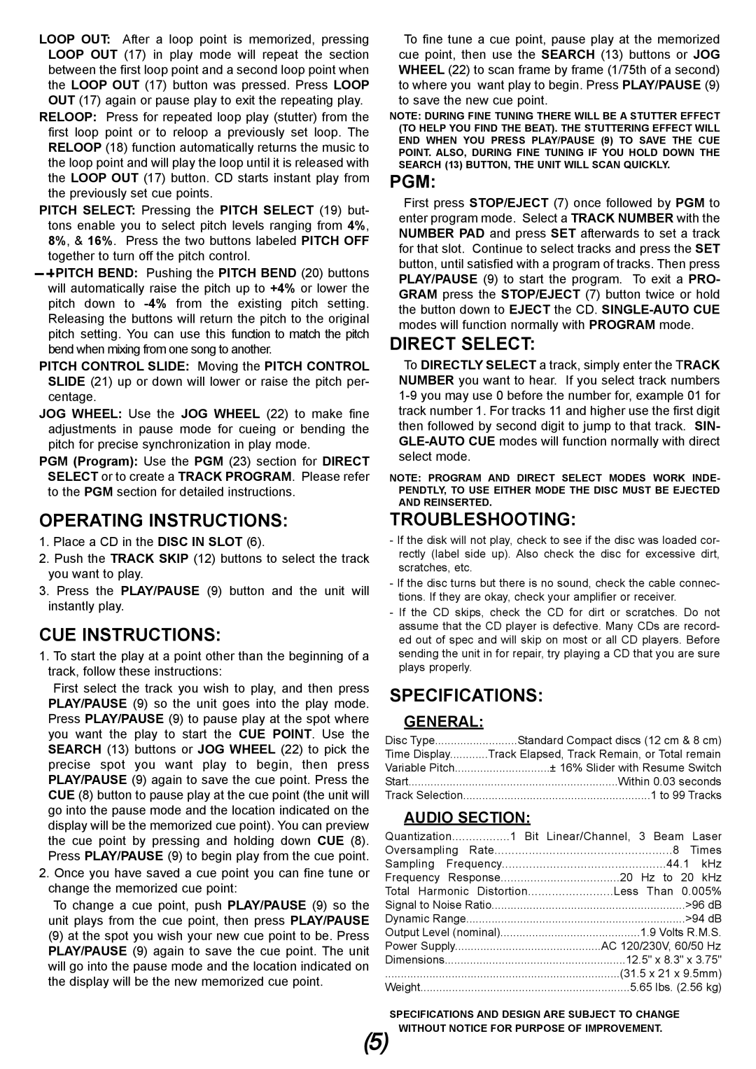 Gemini iCDJ manual Operating Instructions, CUE Instructions, Pgm, Direct Select, Troubleshooting, Specifications 