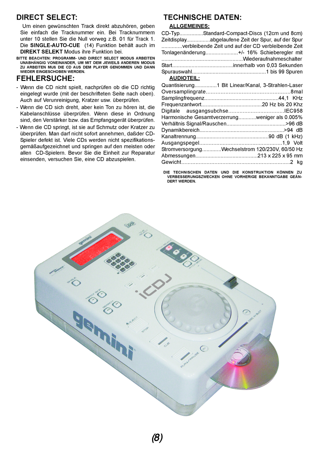 Gemini iCDJ manual Fehlersuche, Technische Daten 