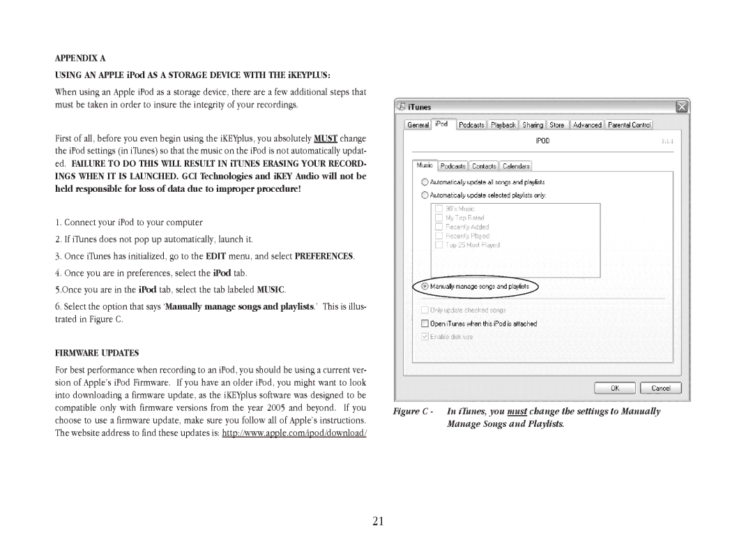 Gemini iKEYplus warranty Appendix a, Using AN Apple iPod AS a Storage Device with the iKEYPLUS, Firmware Updates 