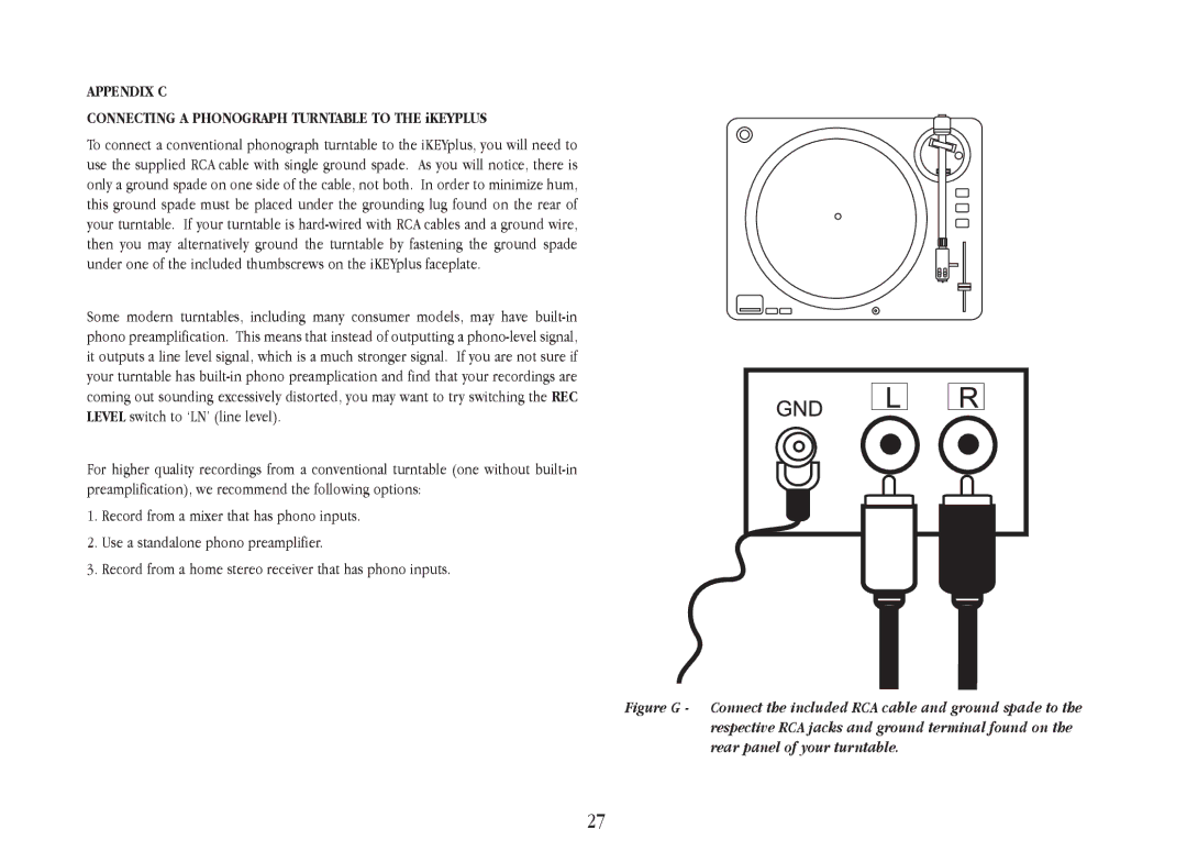 Gemini iKEYplus warranty Appendix C, Connecting a Phonograph Turntable to the iKEYPLUS 