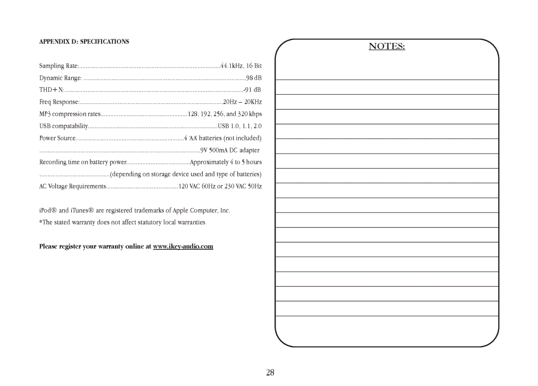 Gemini iKEYplus warranty Appendix D Specifications, 9V 500mA DC adapter 