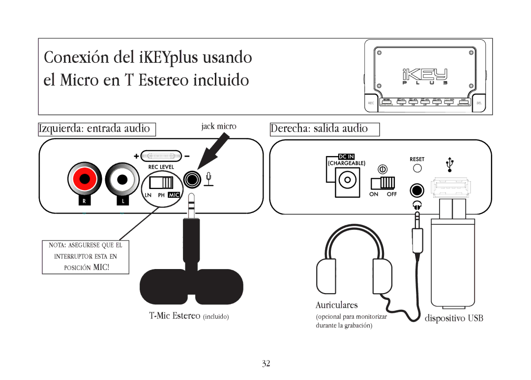 Gemini warranty Conexión del iKEYplus usando el Micro en T Estereo incluido 