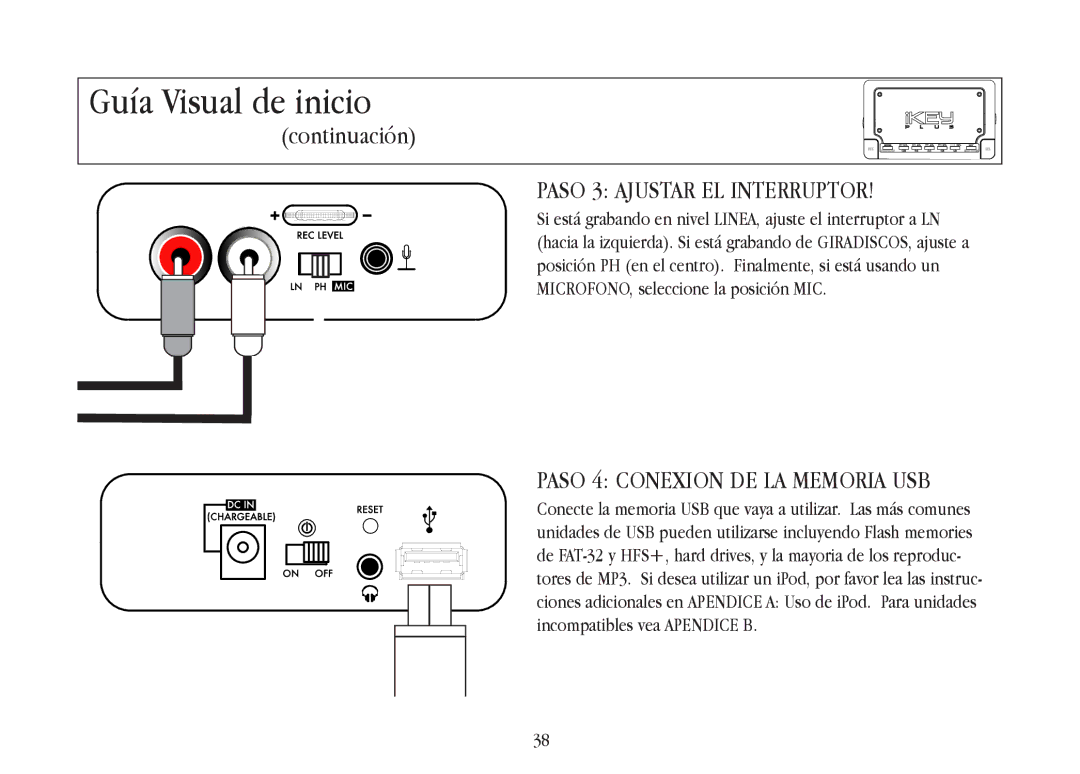 Gemini iKEYplus warranty Paso 3 Ajustar EL Interruptor, Paso 4 Conexion DE LA Memoria USB 