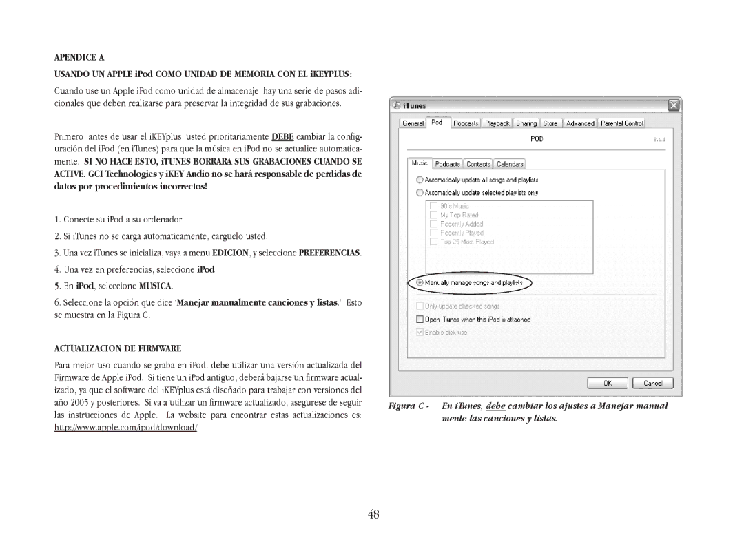 Gemini iKEYplus warranty Apendice a, Usando UN Apple iPod Como Unidad DE Memoria CON EL iKEYPLUS, Actualizacion DE Firmware 
