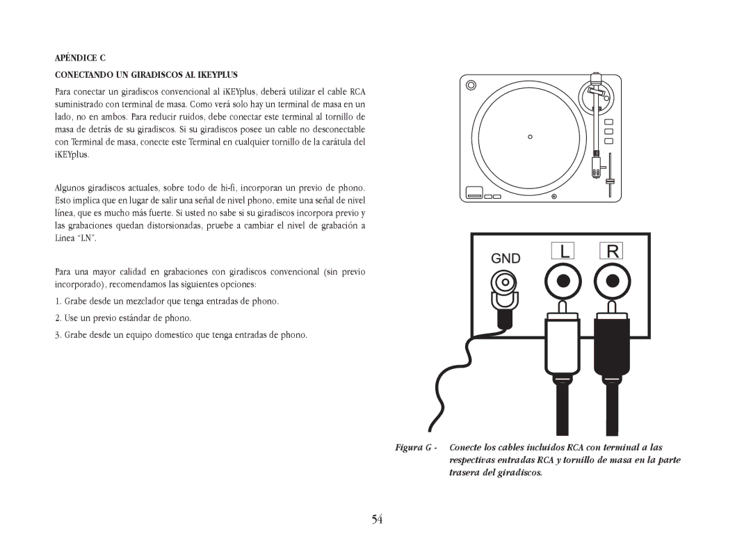 Gemini iKEYplus warranty Apéndice C Conectando UN Giradiscos AL Ikeyplus 