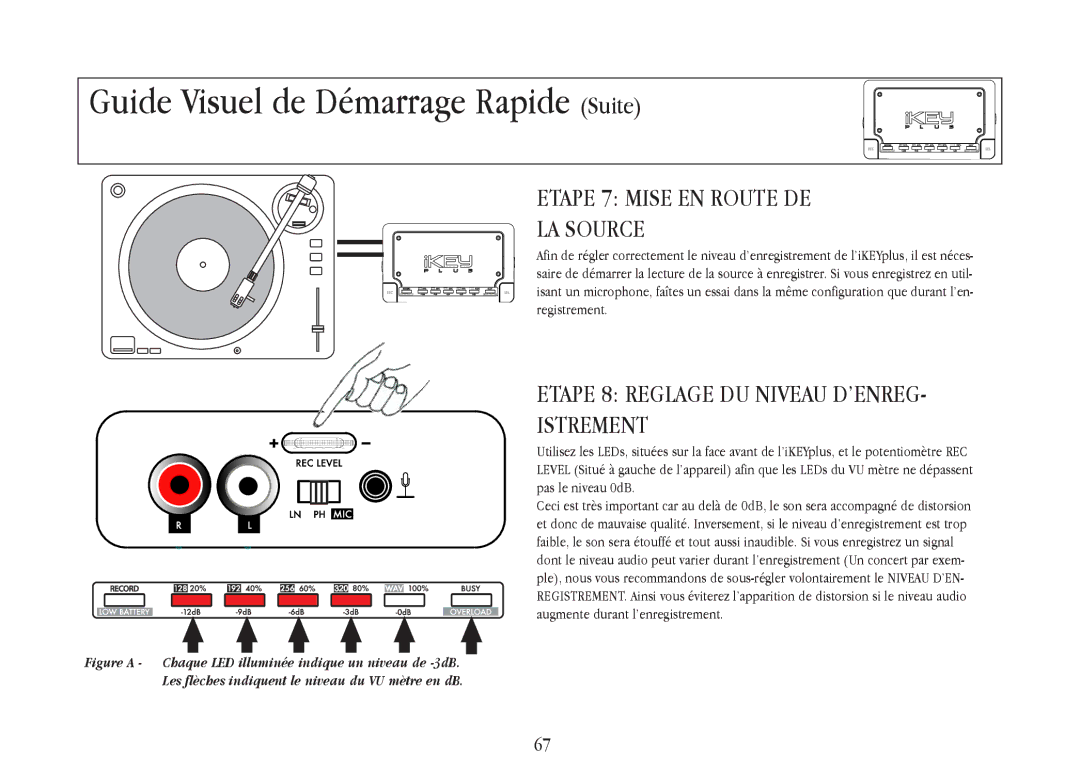 Gemini iKEYplus warranty Etape 7 Mise EN Route DE LA Source, Etape 8 Reglage DU Niveau D’ENREG- Istrement 