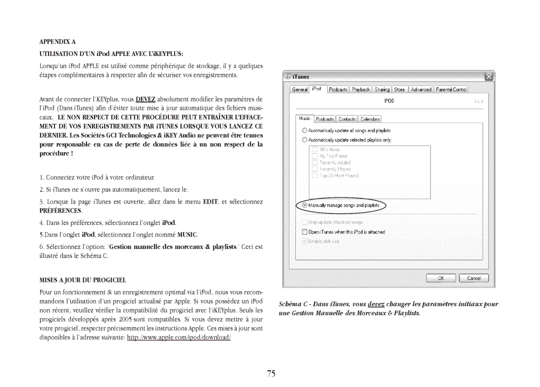 Gemini iKEYplus warranty Utilisation D’UN iPod Apple Avec L’iKEYPLUS, Préférences, Mises a Jour DU Progiciel 