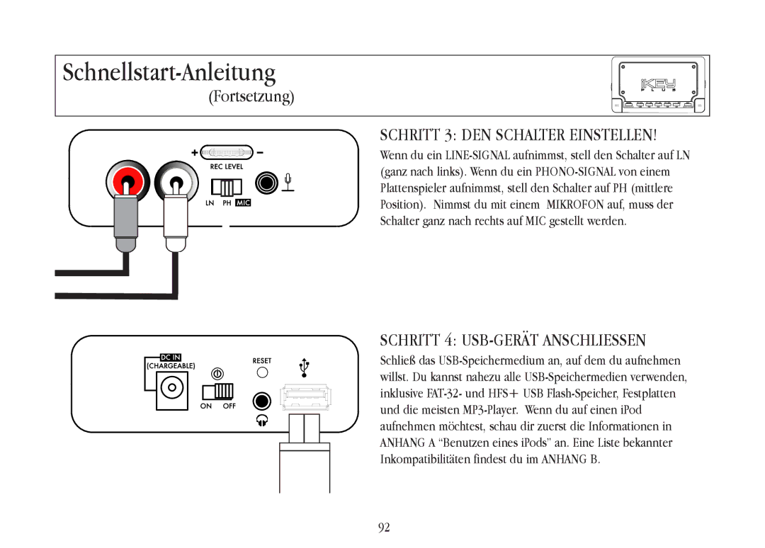 Gemini iKEYplus warranty Schritt 3 DEN Schalter Einstellen, Schritt 4 USB-GERÄT Anschliessen 