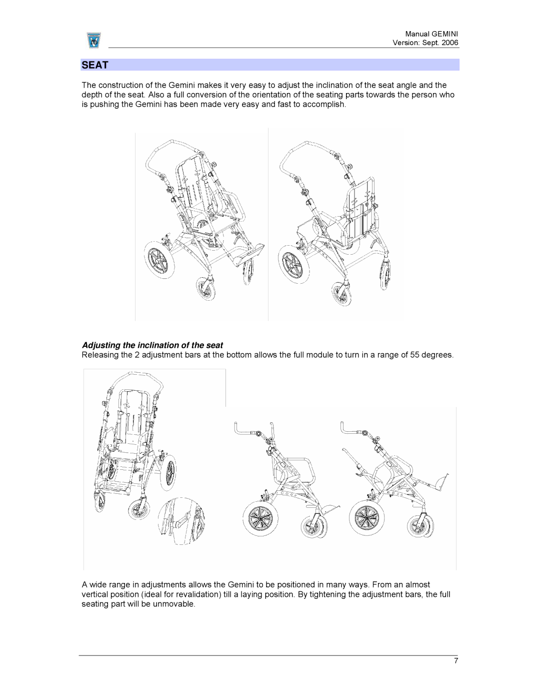 Gemini Industries 2920 lalmthout manual Seat, Adjusting the inclination of the seat 