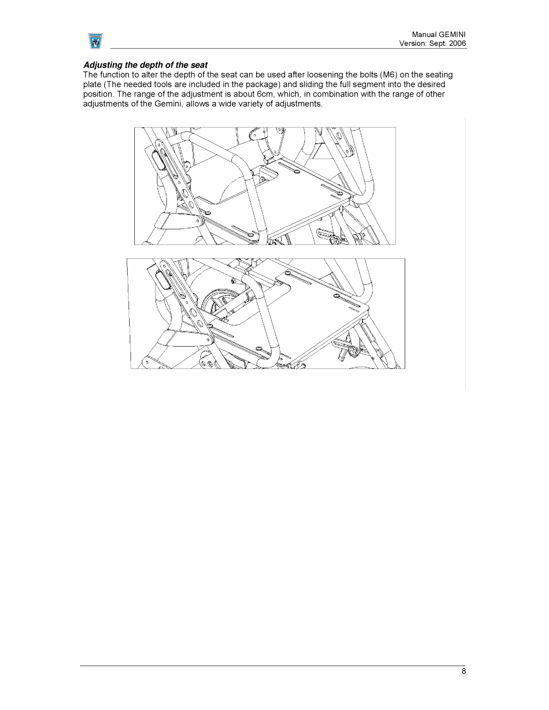 Gemini Industries 2920 lalmthout manual Adjusting the depth of the seat 