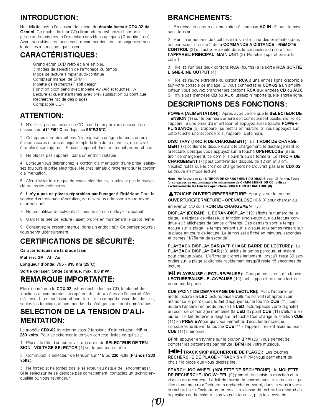 Gemini Industries CDX-02 manual Caractéristiques, Certifications DE Sécurité, Remarque Importante, Branchements 