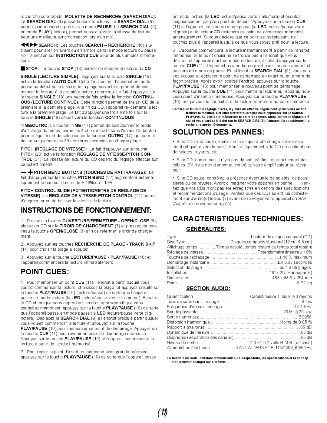 Gemini Industries CDX-02 manual Point Cues, Solution DES Pannes, Caracteristiques Techniques, Généralités, Section Audio 