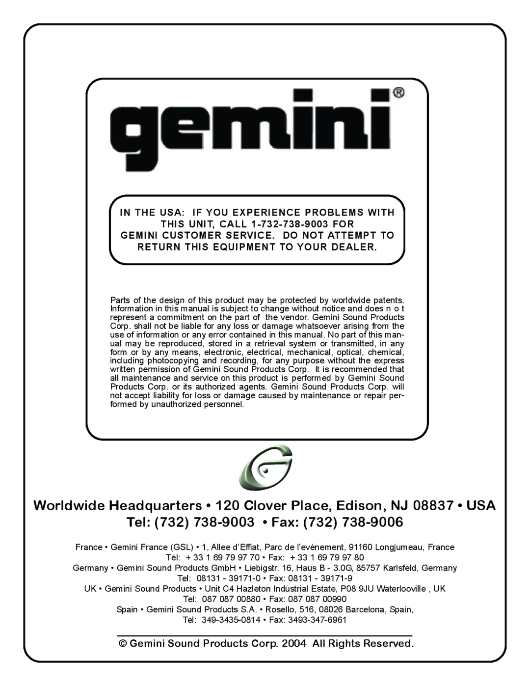 Gemini Industries CDX-02 manual Gemini Sound Products Corp All Rights Reserved 