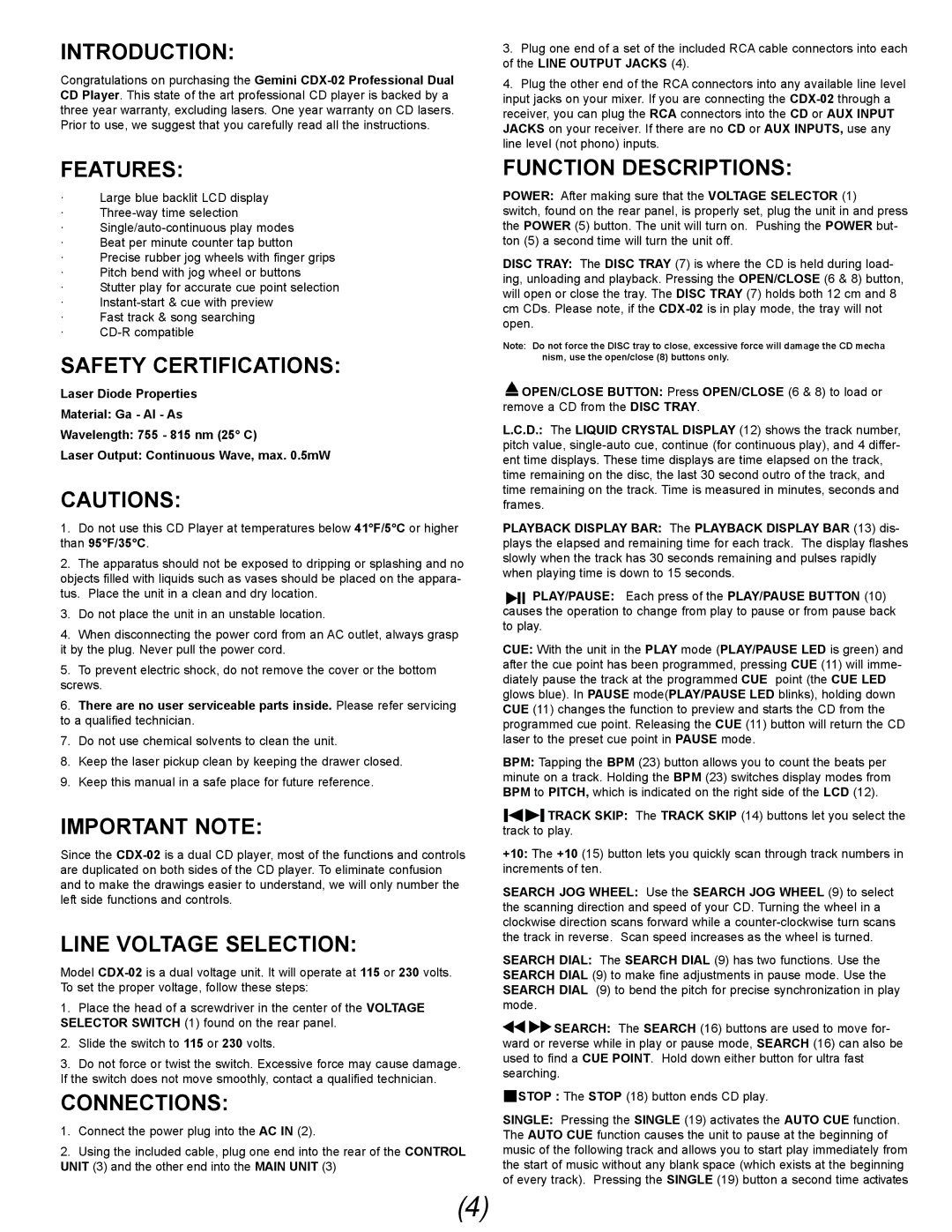 Gemini Industries CDX-02 manual Introduction, Features, Safety Certifications, Important Note, Line Voltage Selection 