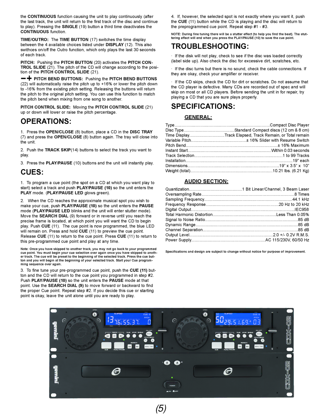 Gemini Industries CDX-02 manual Operations, Cues, Troubleshooting, Specifications 