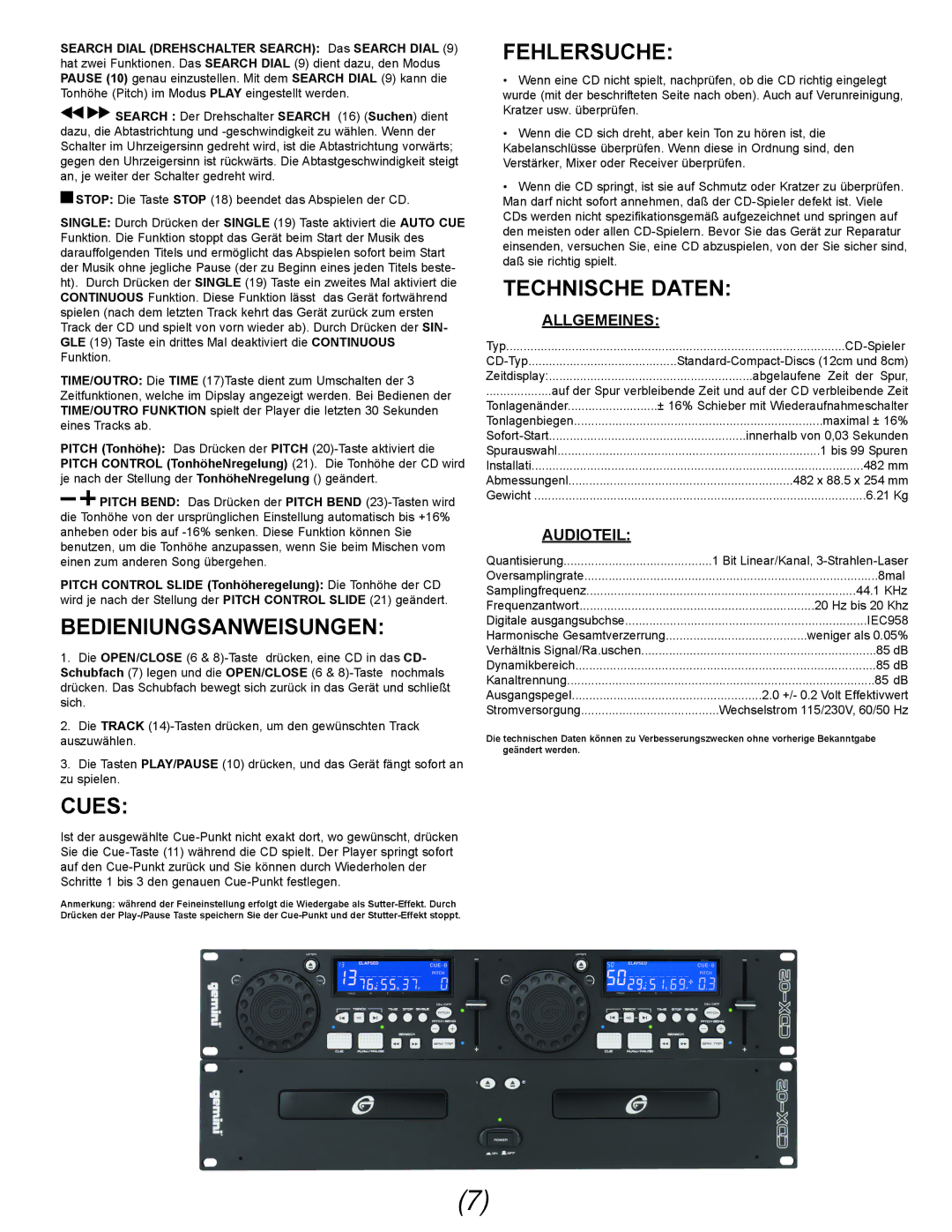 Gemini Industries CDX-02 manual Bedieniungsanweisungen, Fehlersuche, Technische Daten, Allgemeines, Audioteil 