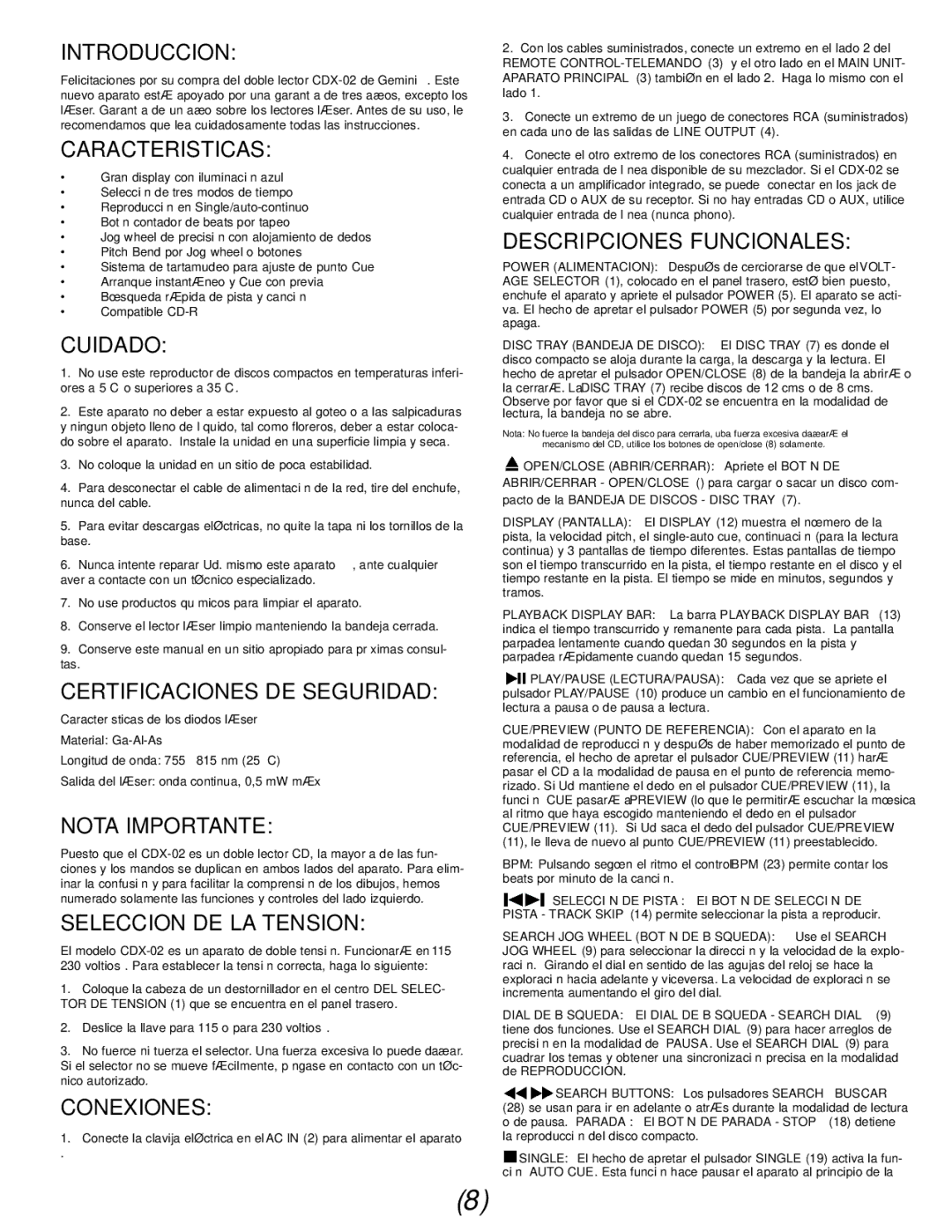 Gemini Industries CDX-02 Introduccion, Caracteristicas, Cuidado, Certificaciones DE Seguridad, Nota Importante, Conexiones 