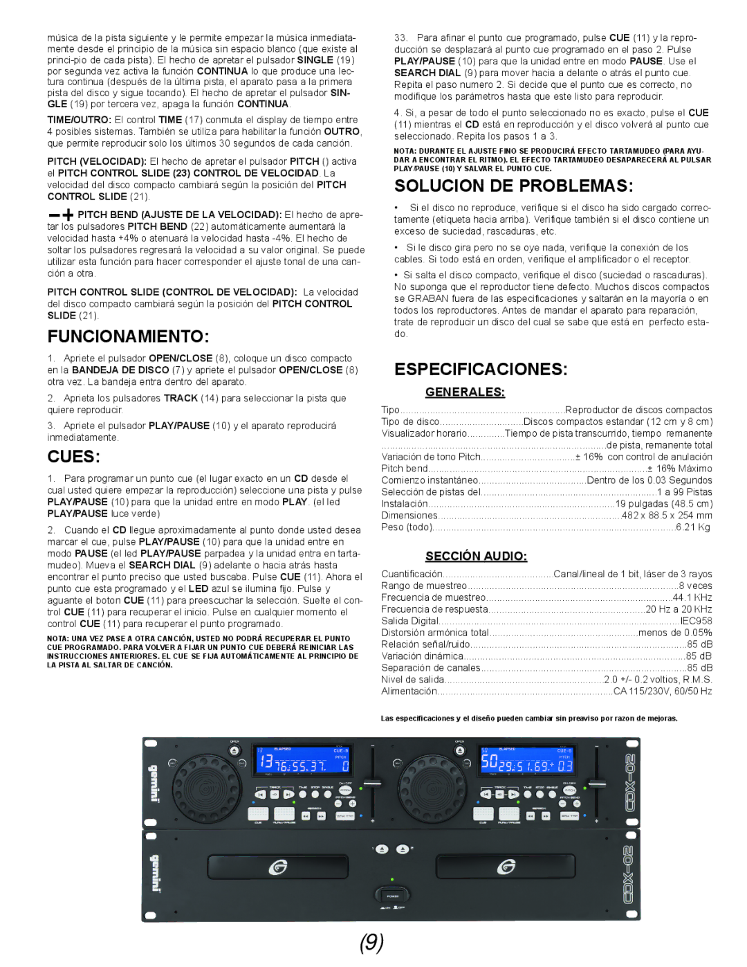 Gemini Industries CDX-02 manual Funcionamiento, Solucion DE Problemas, Especificaciones, Generales, Sección Audio 