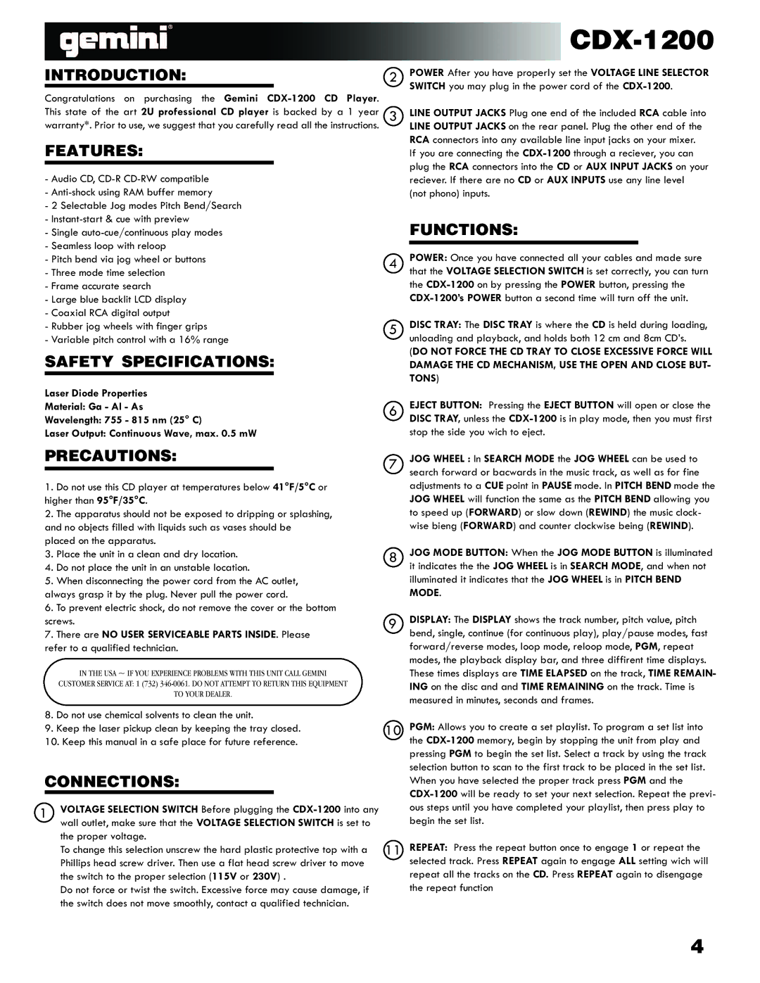 Gemini Industries CDX-1200 manual Introduction, Features, Safety Specifications, Precautions, Connections, Functions 