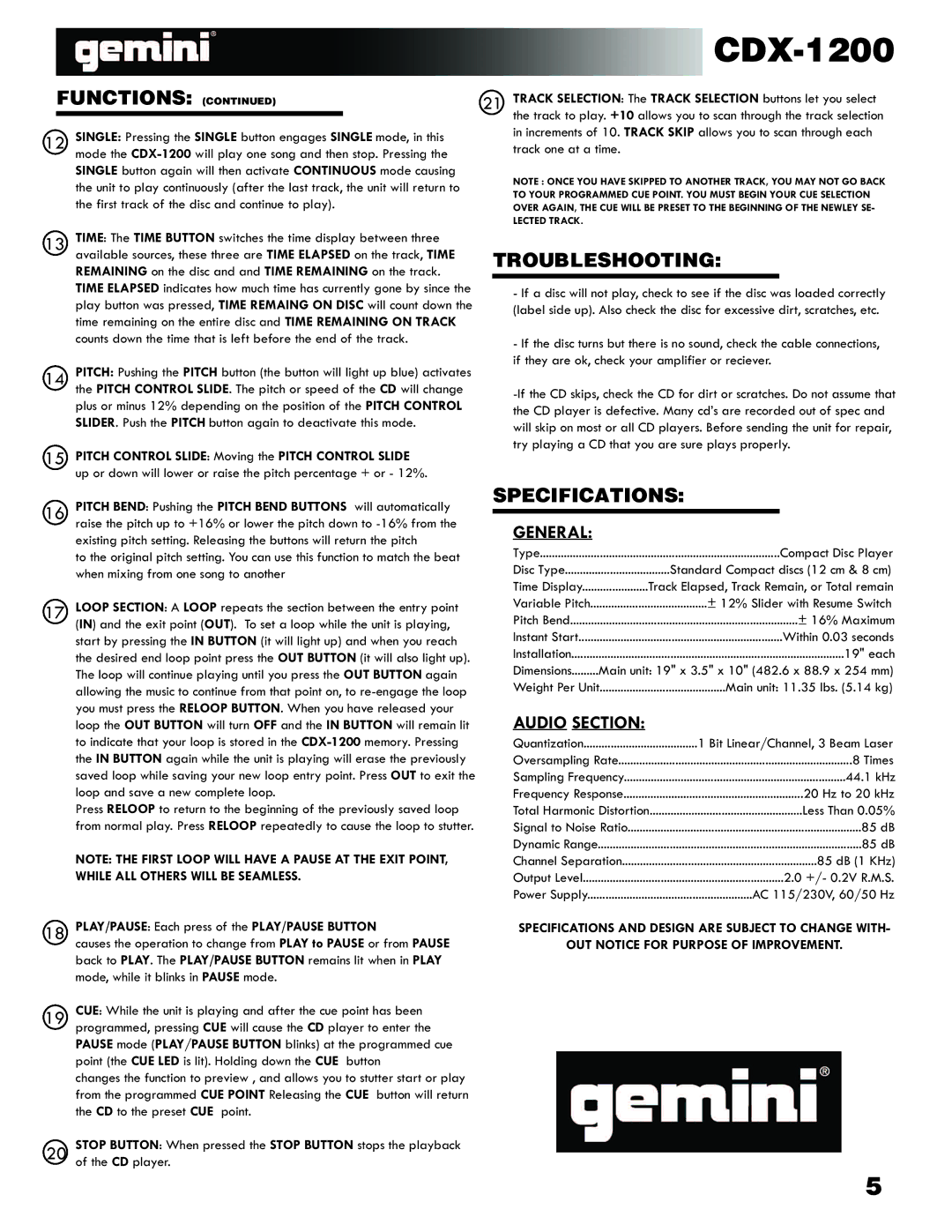 Gemini Industries CDX-1200 manual Troubleshooting, Specifications 