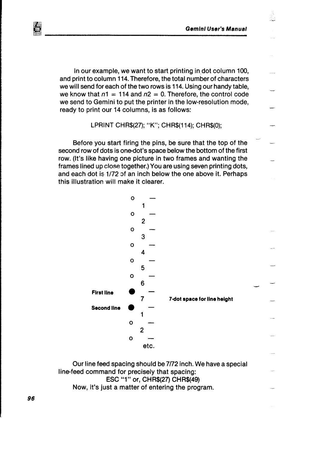 Gemini Industries Printer user manual First line Dot space for llne height Secondllne 