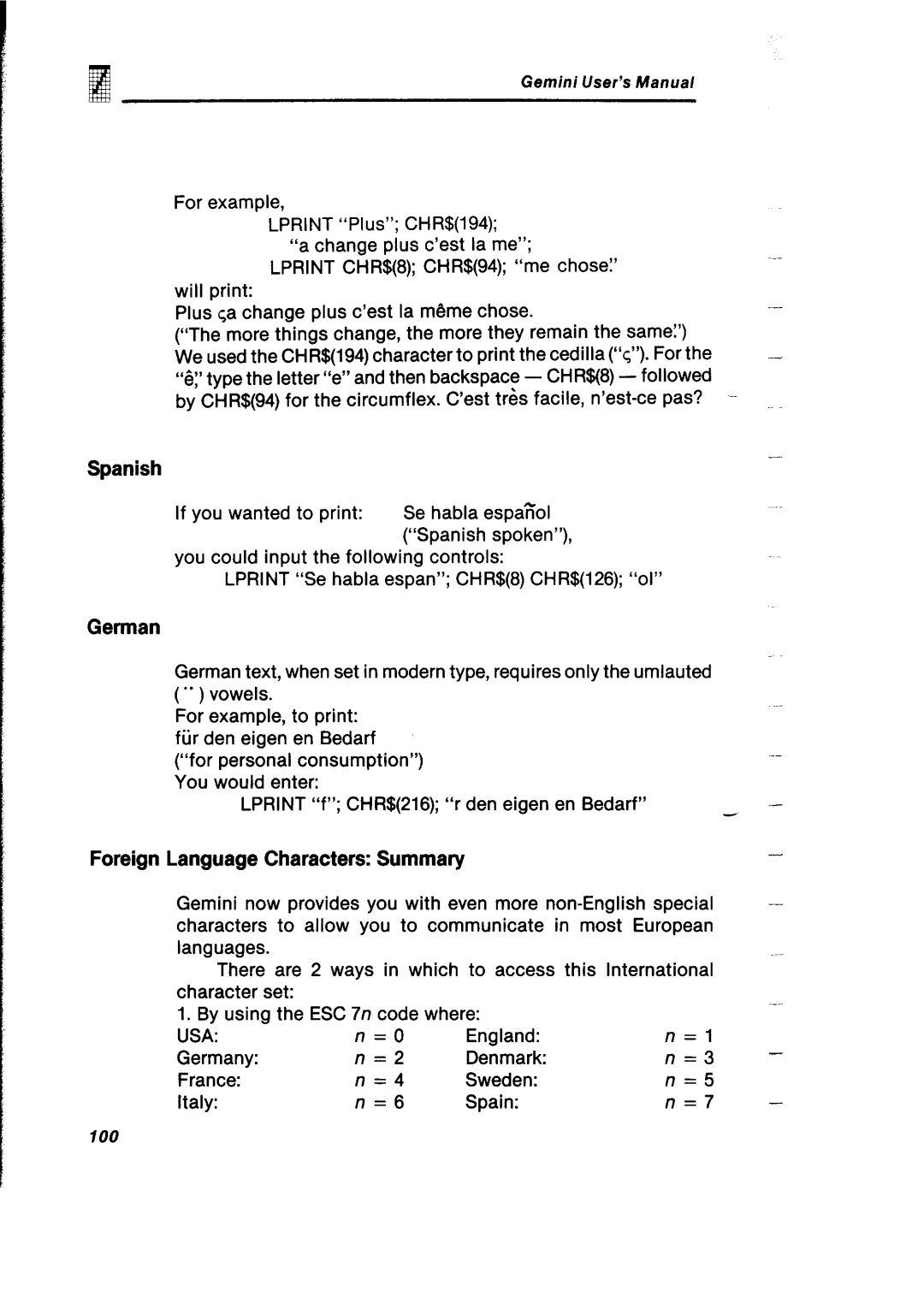 Gemini Industries Printer user manual Spanish, German, Foreign Language Characters Summary, Usa 