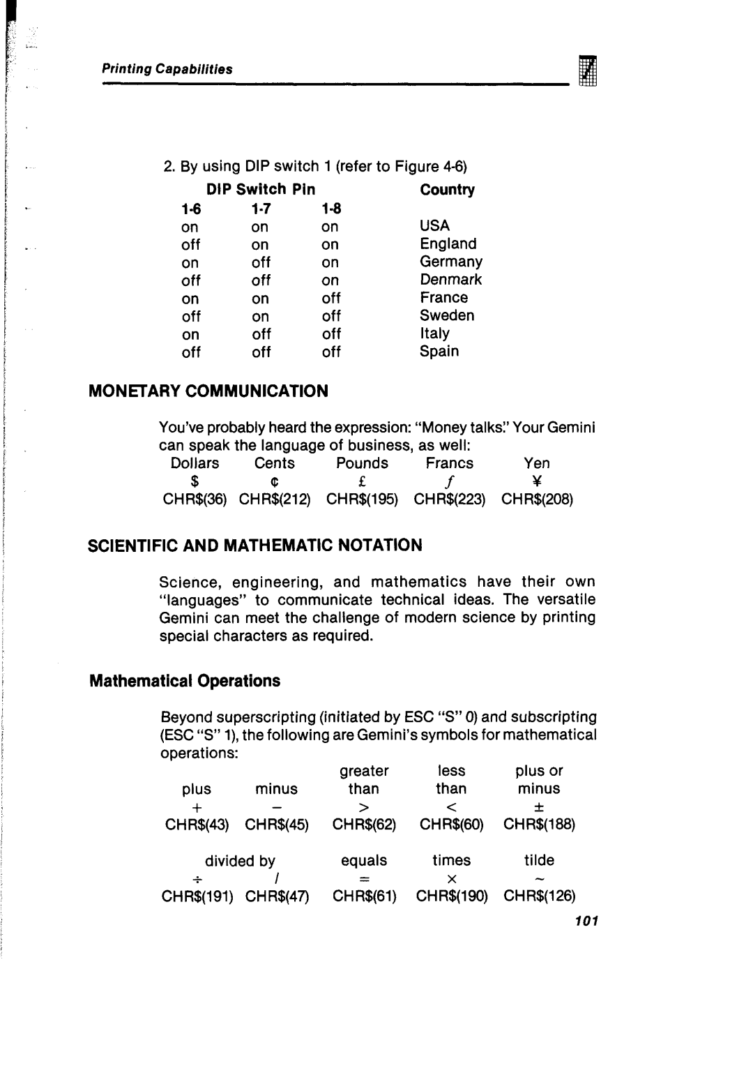 Gemini Industries Printer user manual Monetary Communication, Scientific and Mathematic Notation, Mathematical Operations 