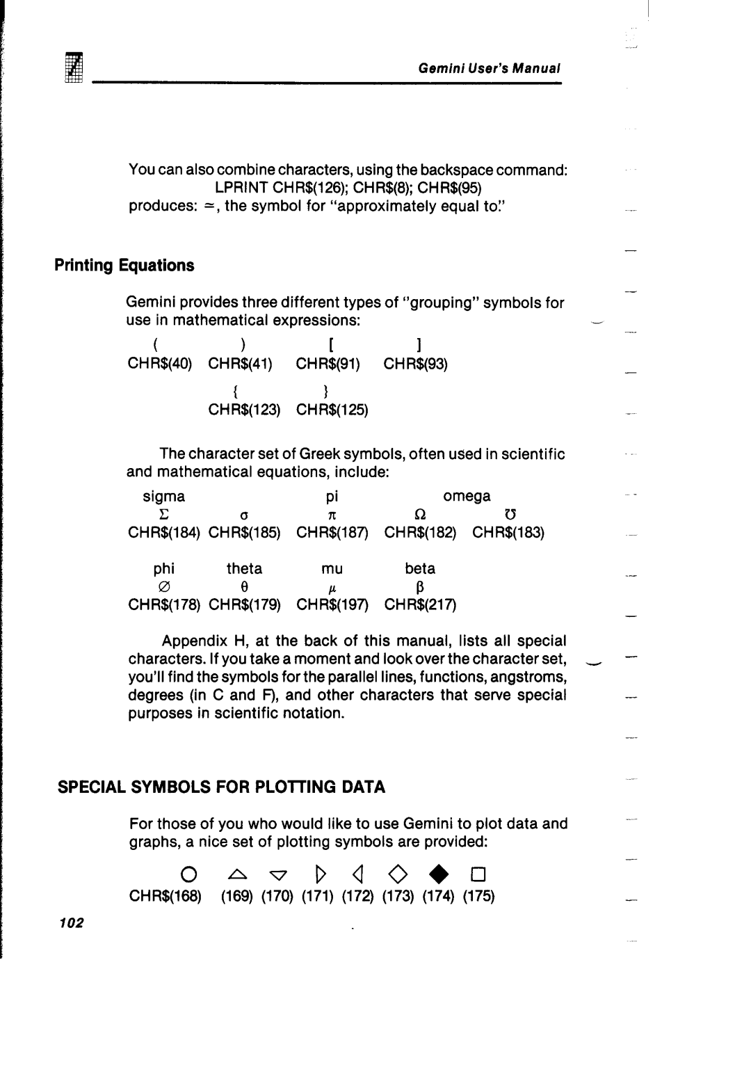 Gemini Industries Printer user manual Printing Equations, Special Symbols for PLOlllNG Data 