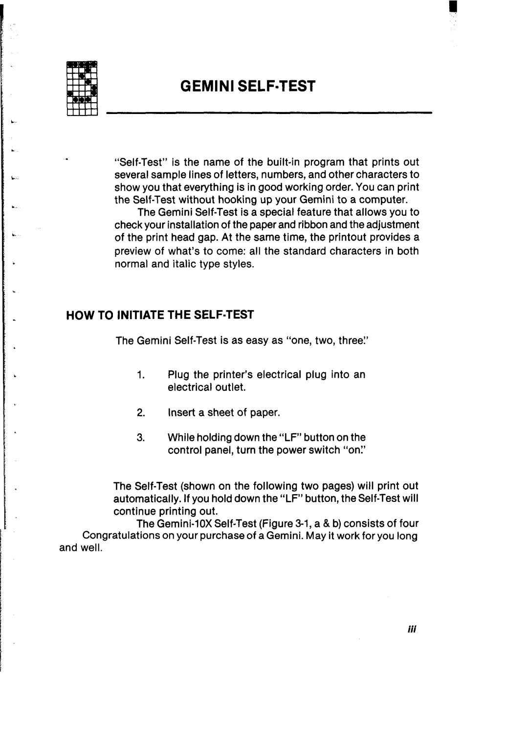 Gemini Industries Printer user manual Gemini SELF=TEST, HOW to Initiate the SELF-TEST 