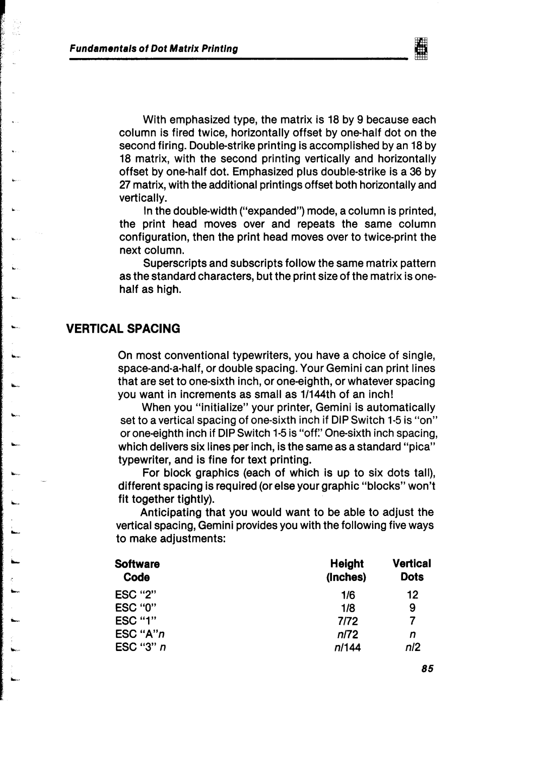 Gemini Industries Printer user manual Vertical Spacing 