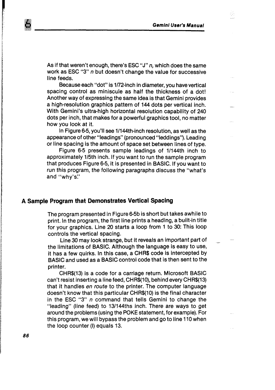 Gemini Industries Printer user manual Sample Program that Demonstrates Vertical Spacing 