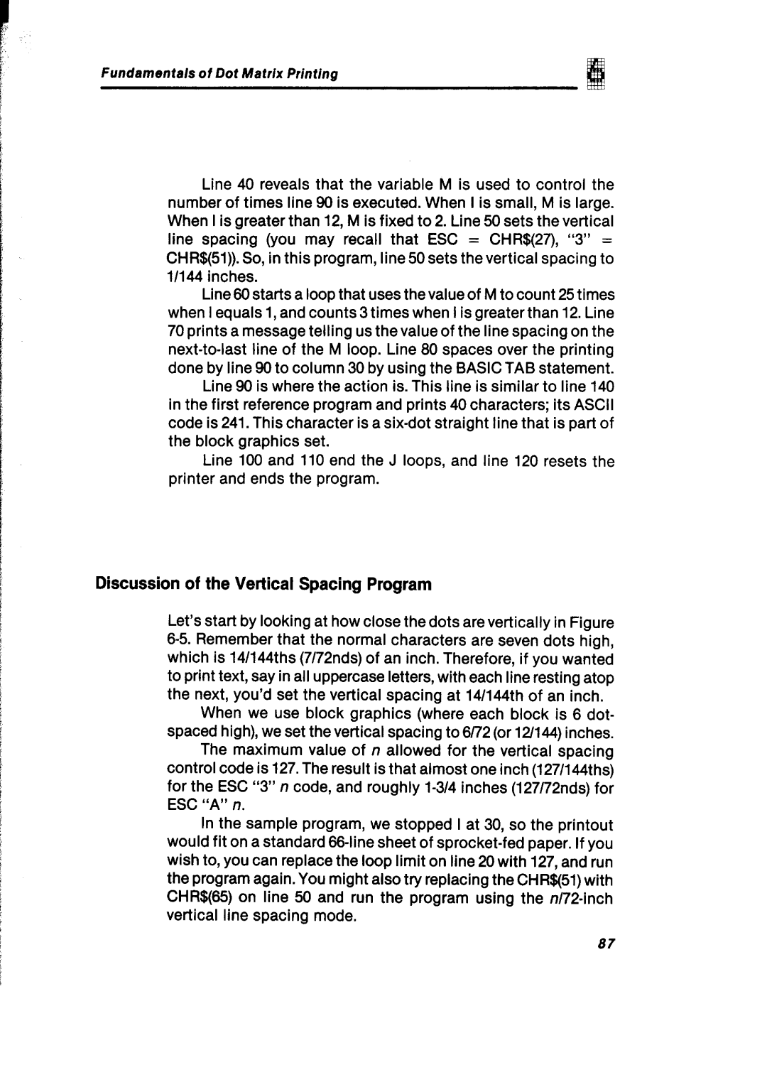 Gemini Industries Printer user manual Discussion of the Vertical Spacing Program 