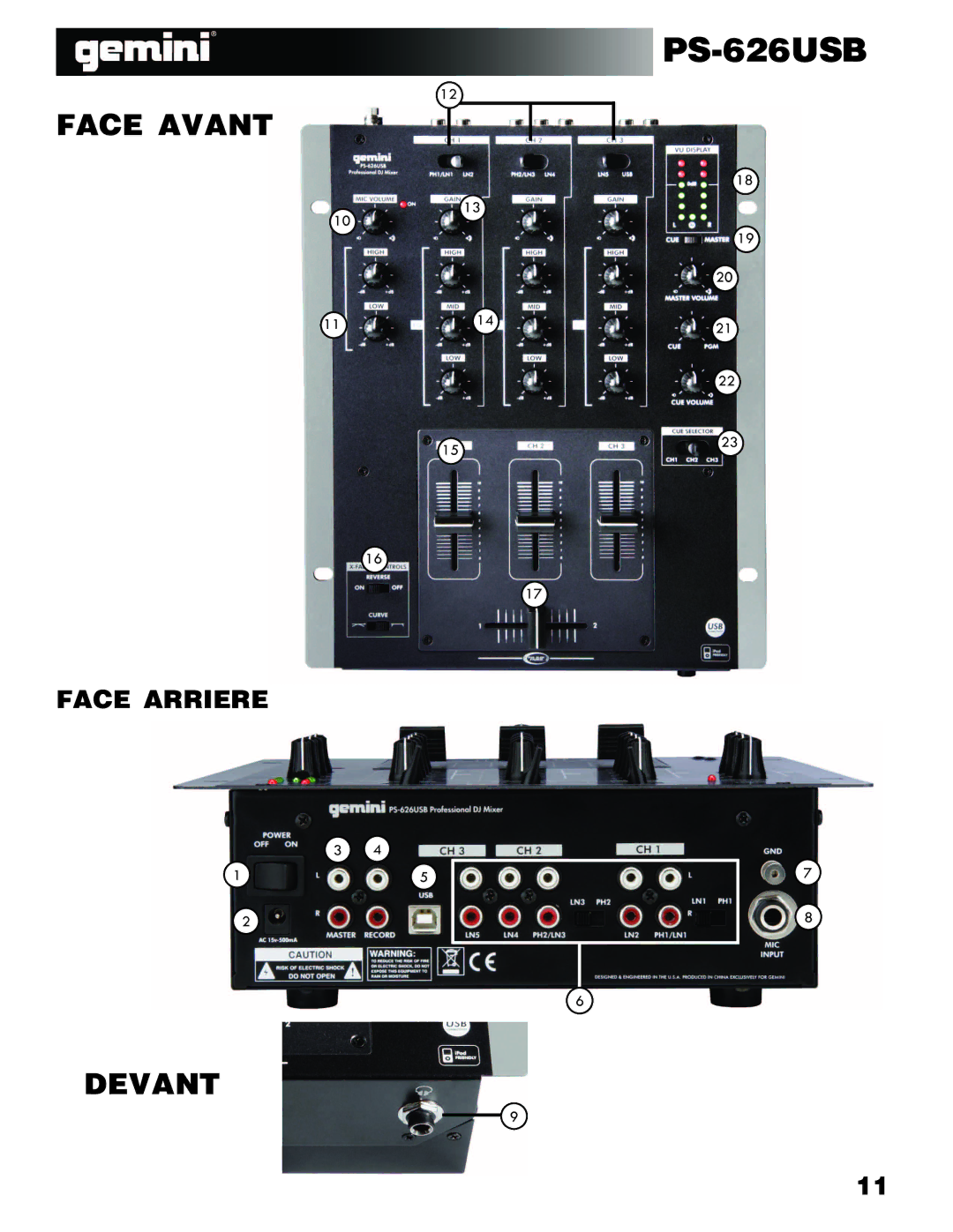 Gemini Industries PS-626USB manual Face Avant 