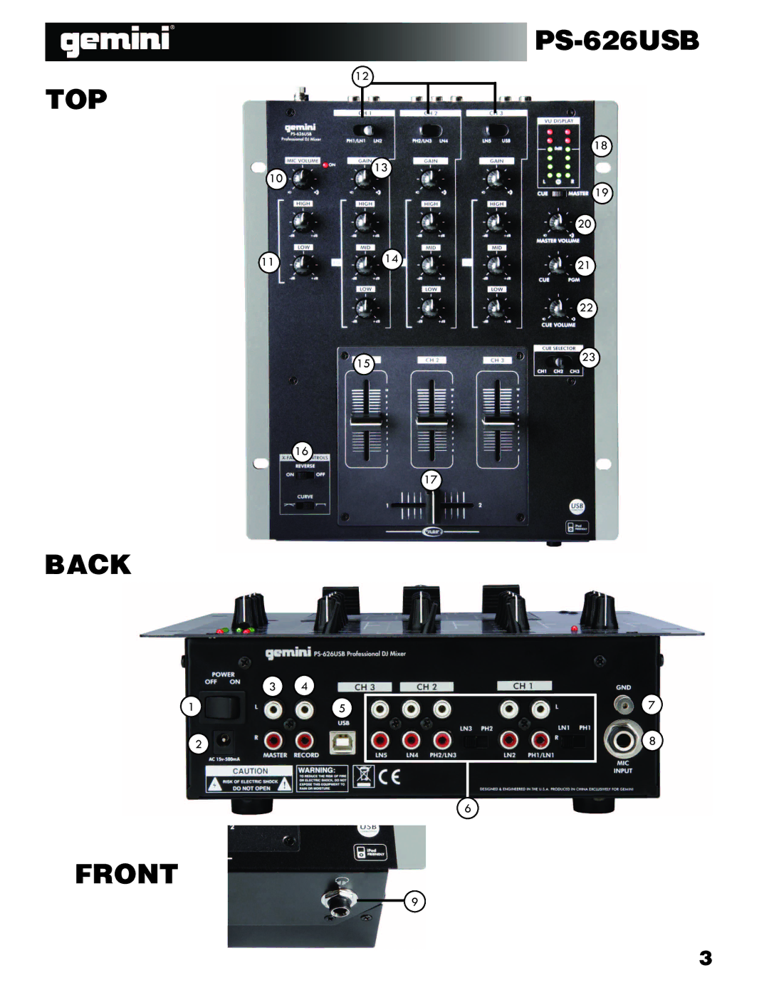 Gemini Industries manual PS-626USB TOP Back Front 