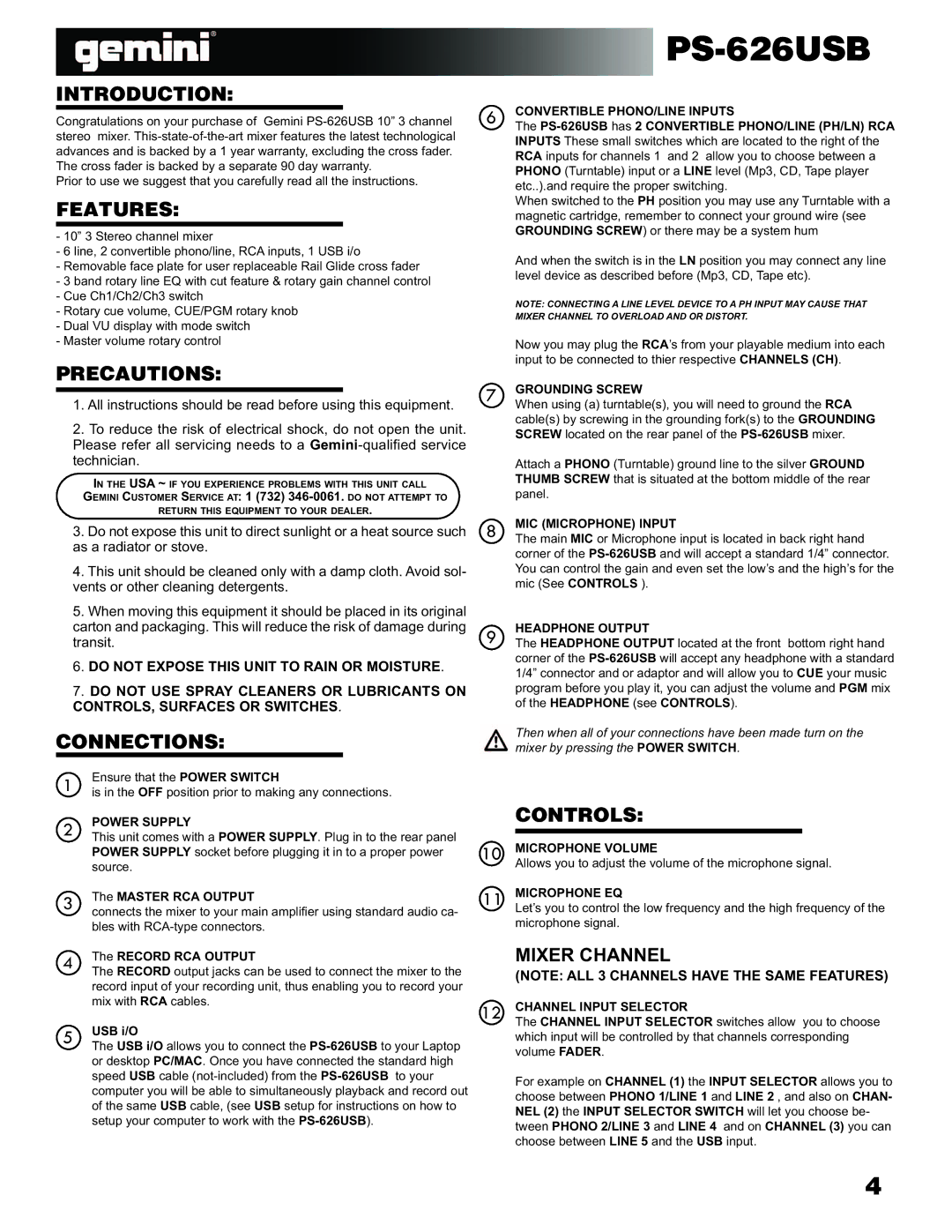 Gemini Industries PS-626USB manual 