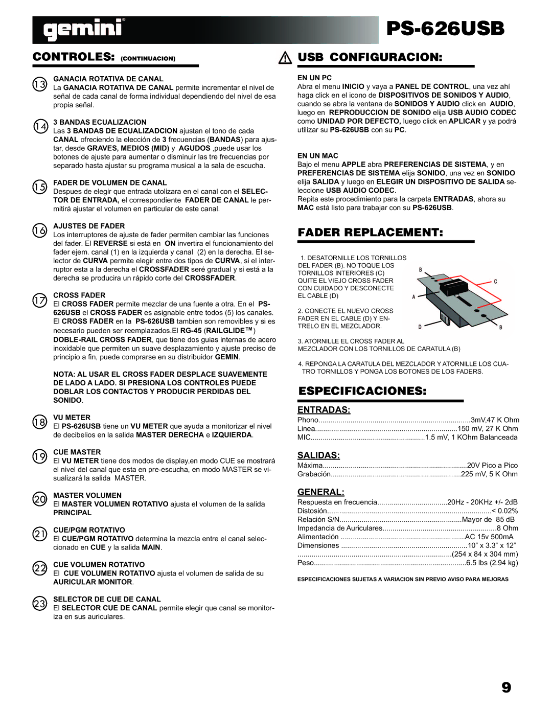 Gemini Industries PS-626USB manual USB Configuracion, Especificaciones 