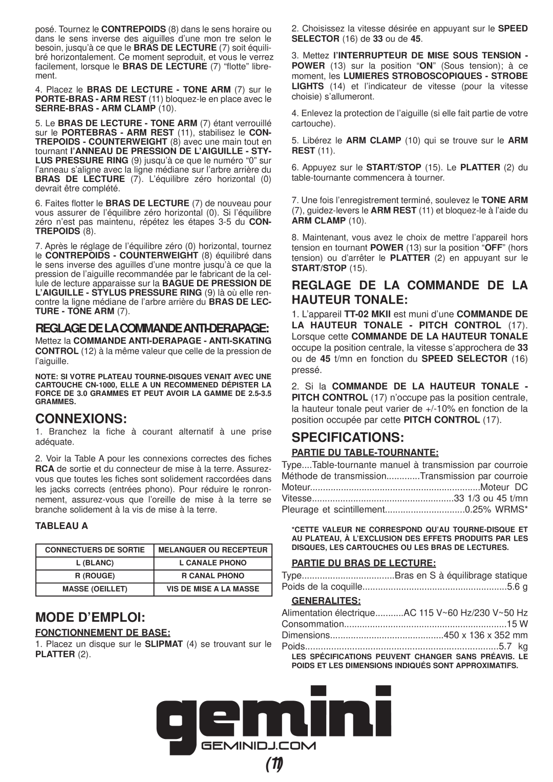 Gemini Industries TT-002MKII manual Connexions, Mode D’Emploi, Reglage De La Commande De La Hauteur Tonale, Specifications 