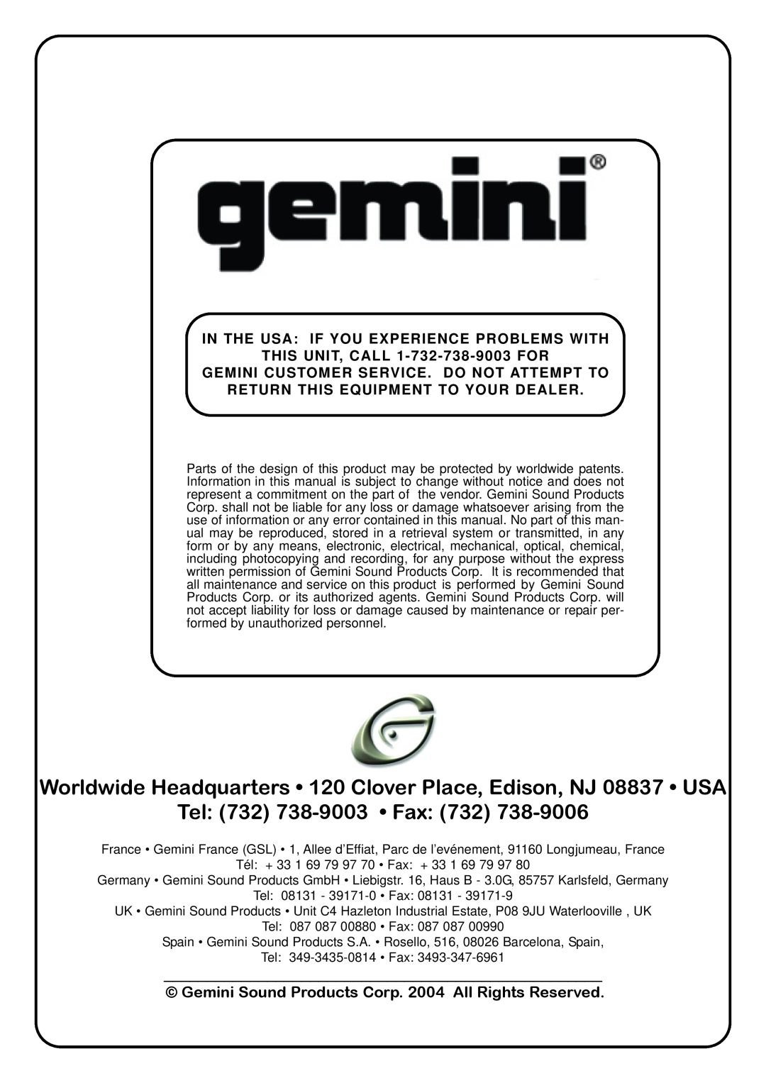 Gemini Industries TT-002MKII manual Tel 732 738-9003 Fax, In The Usa If You Experience Problems With 