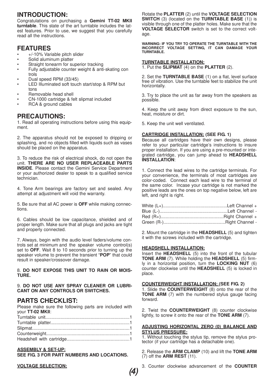 Gemini Industries TT-002MKII manual Introduction, Features, Precautions, Parts Checklist 
