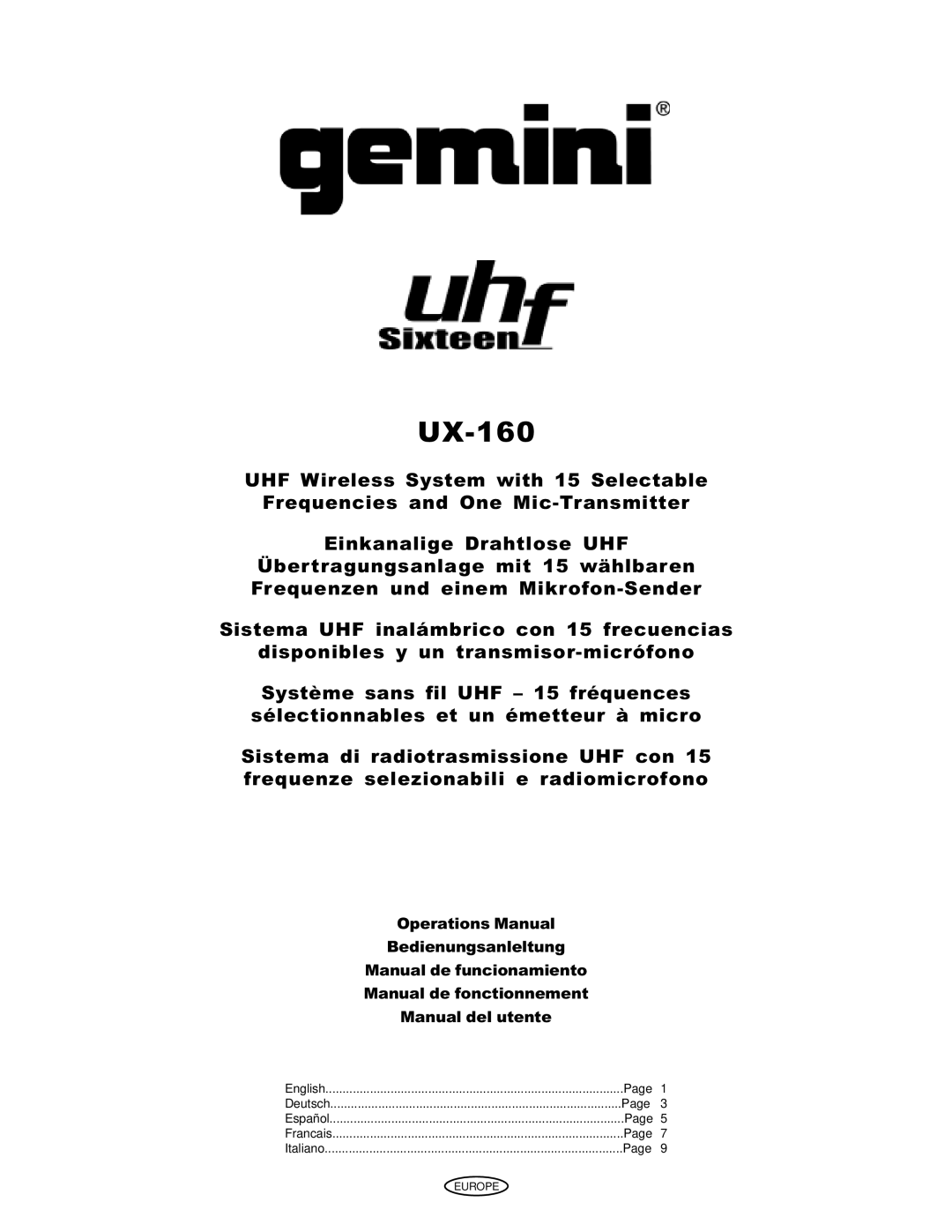 Gemini Industries UX-160 manual 